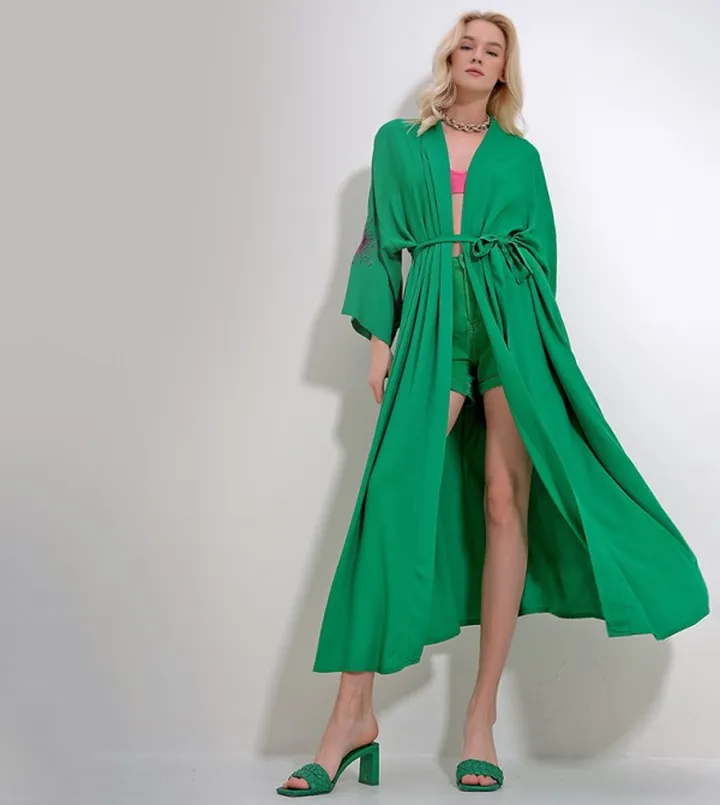Long Sleeves Belted Maxi Kimono