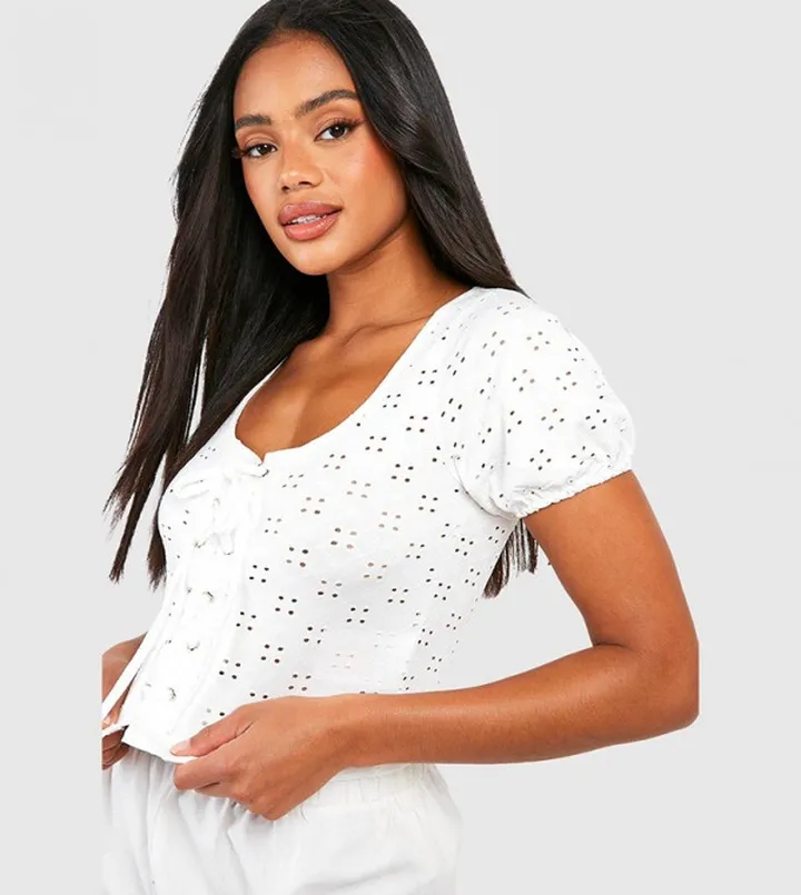 Broderie Jersey Lace Up Crop Top