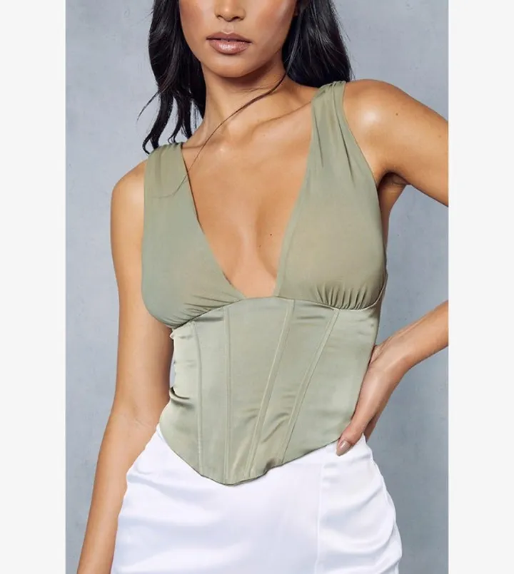 Mesh Plunge Satin Top