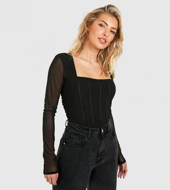 Mesh Long Sleeves Corset Detail Bodysuit Top