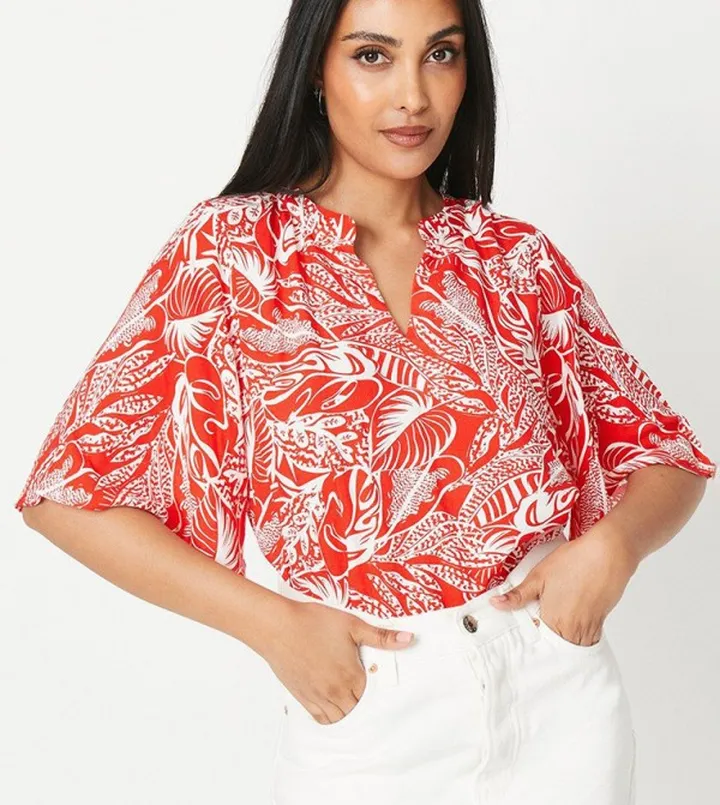 Petite Red Floral Flute Sleeves Top