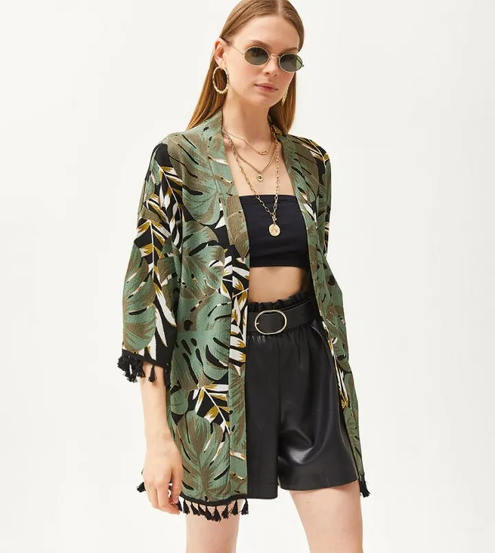 Palm Printed Tasseled Knitted Kimono
