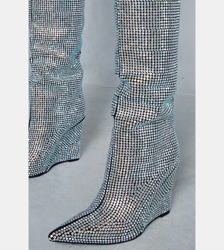 Premium Diamante Knee High Wedged Boots