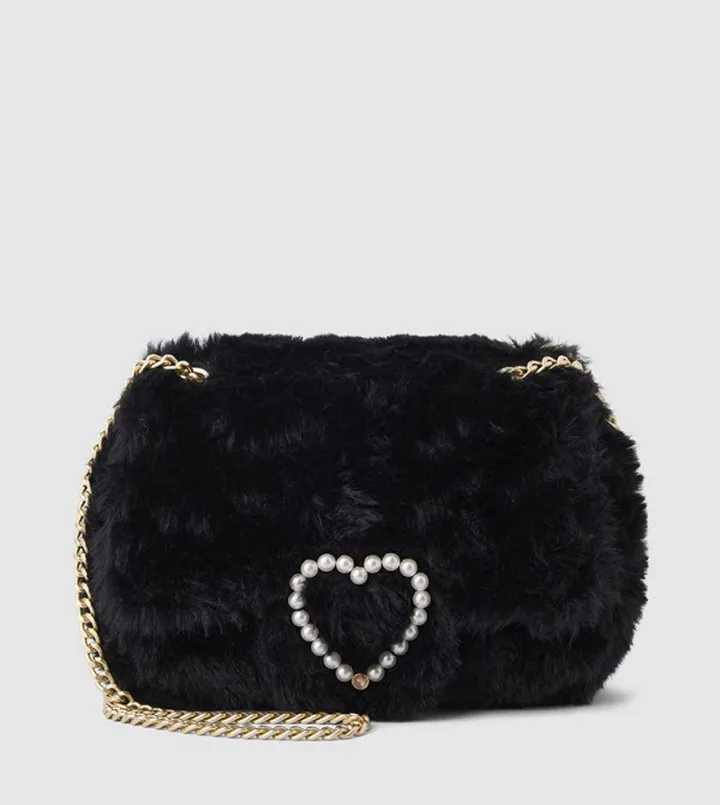 Girls Heart Pearl Detail Faux Fur Crossbody Bag