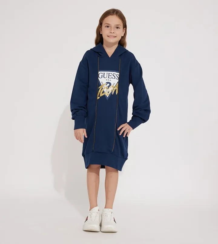 Logo Printed Long Sleeves Hooded Sweatshirt Dress