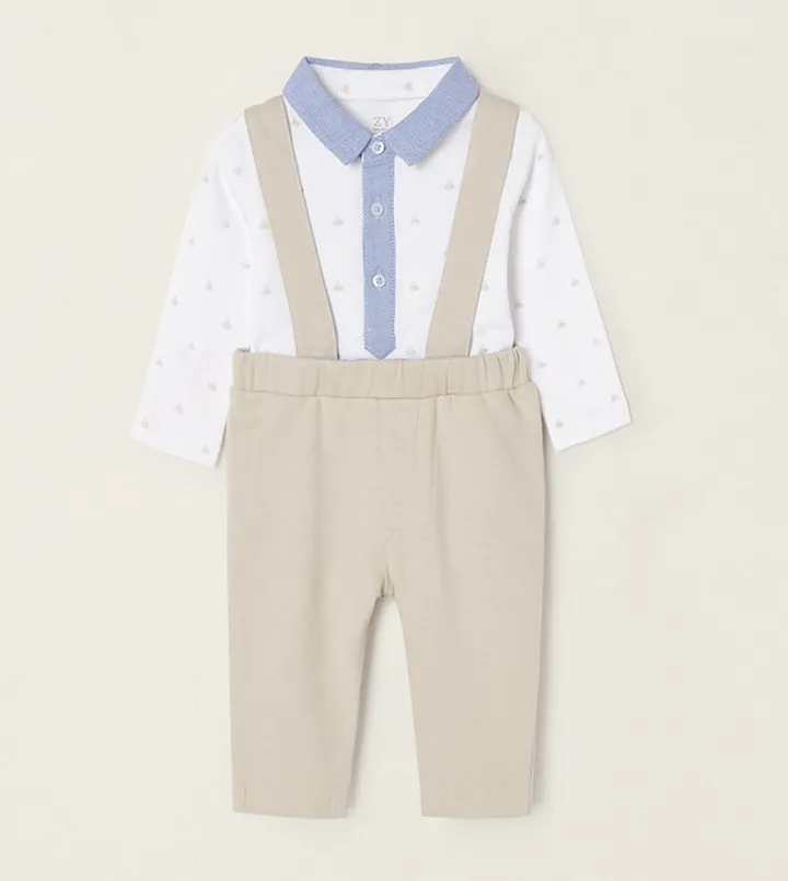 Newborn Boys Cotton Bodysuit and Trousers with Suspenders