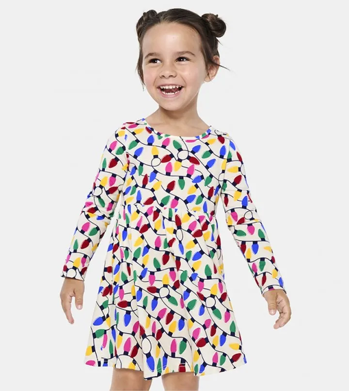 Girl's Christmas Lights Print Long Sleeves Dress