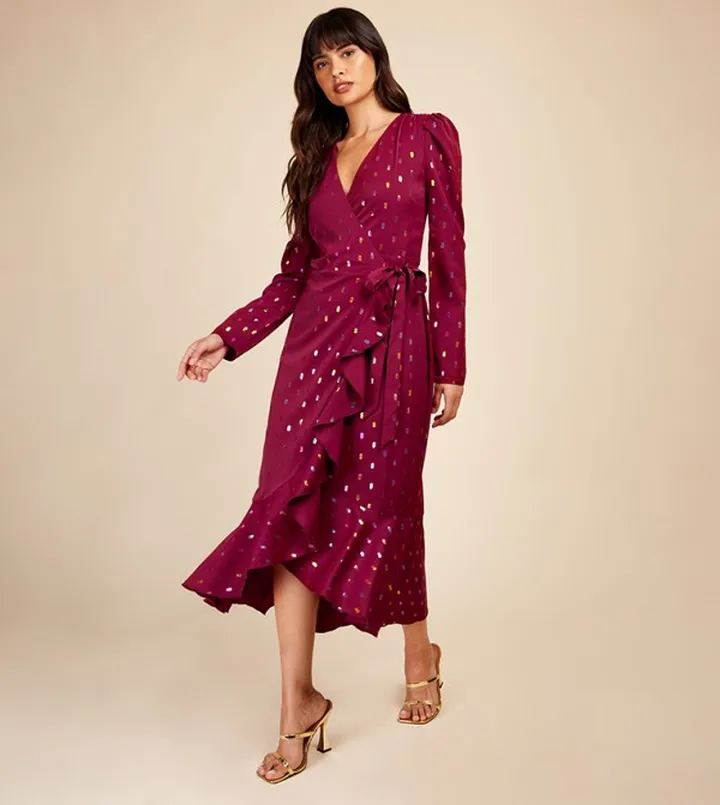 Foil Printed Ruffled Wrap Dress