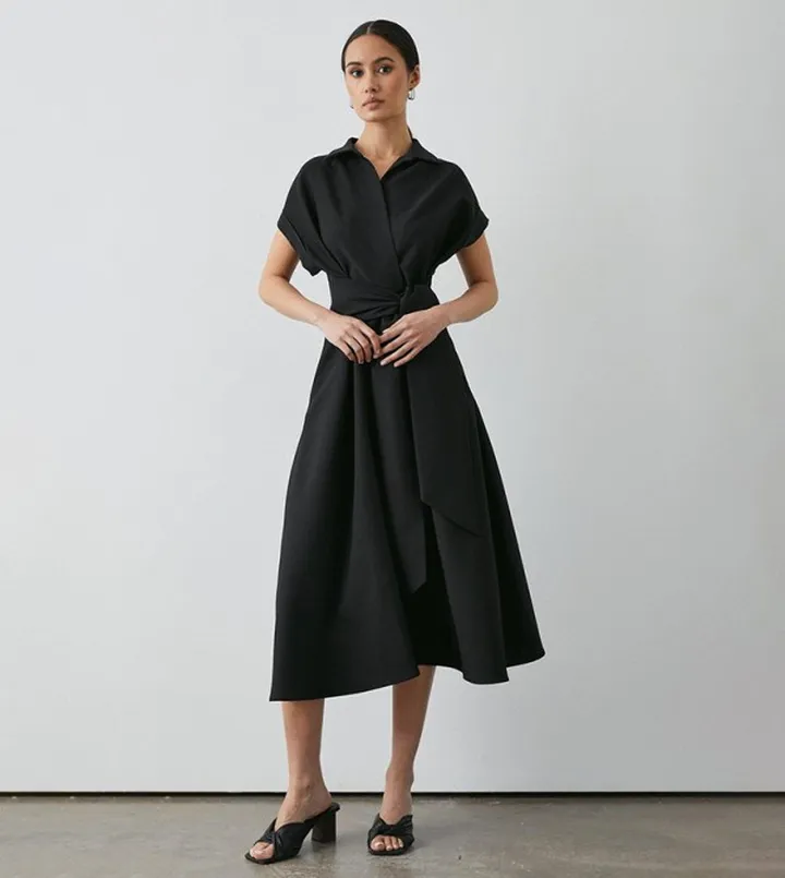 Black Front Tie Shirt Midi Dress