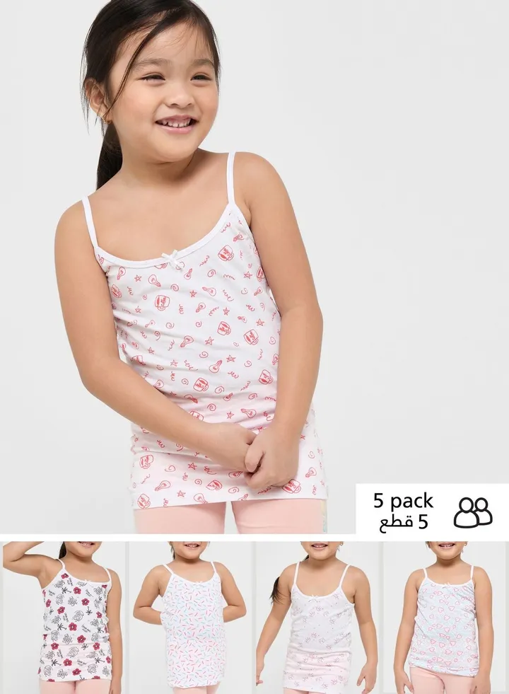 Pack Of 5 Printed Girls Camisole
