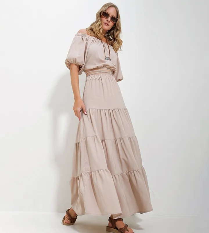 Madonna Collar Crop Top and Skirt Poplin Set