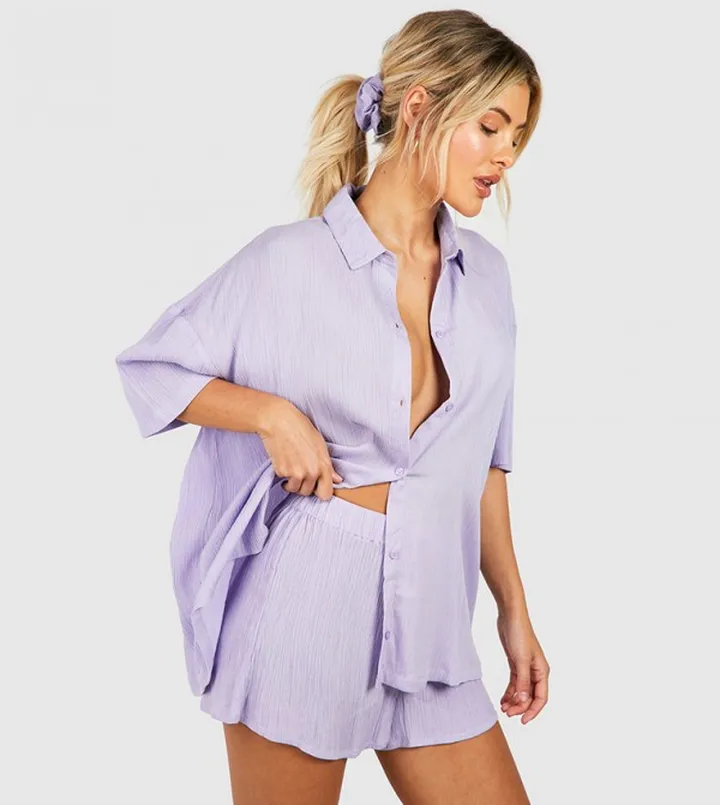 Crinkle Short Sleeved Shirt, Shorts and Scrunchie Set