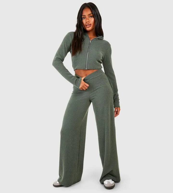2 Tone Ribbed Zip Front Top Clothing Set