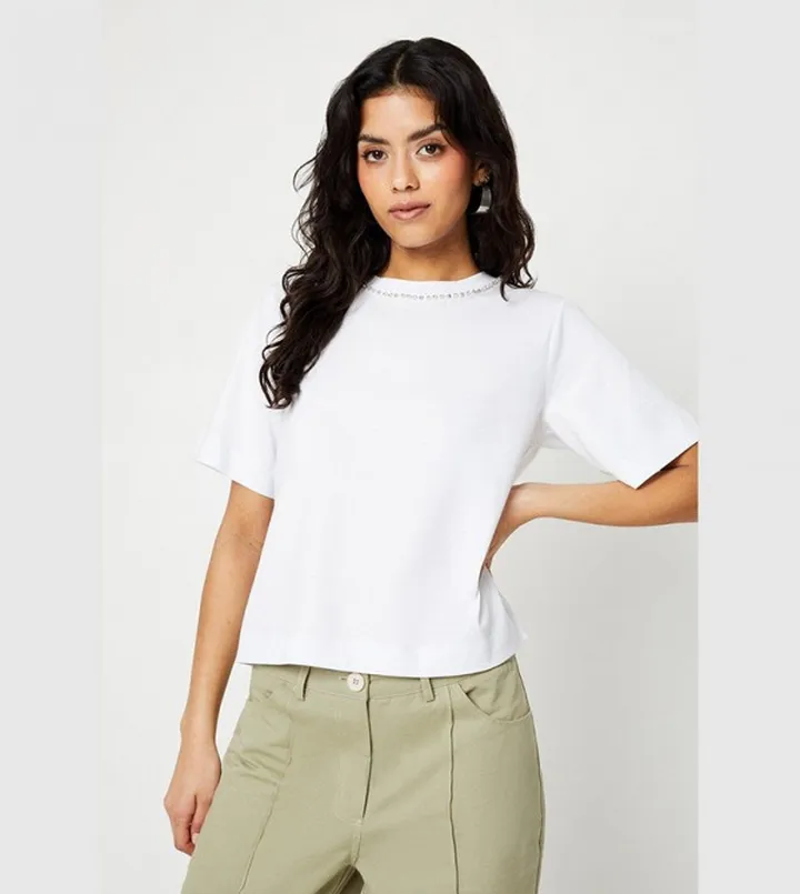 Petite Rhinestone Neck Jersey T-shirt