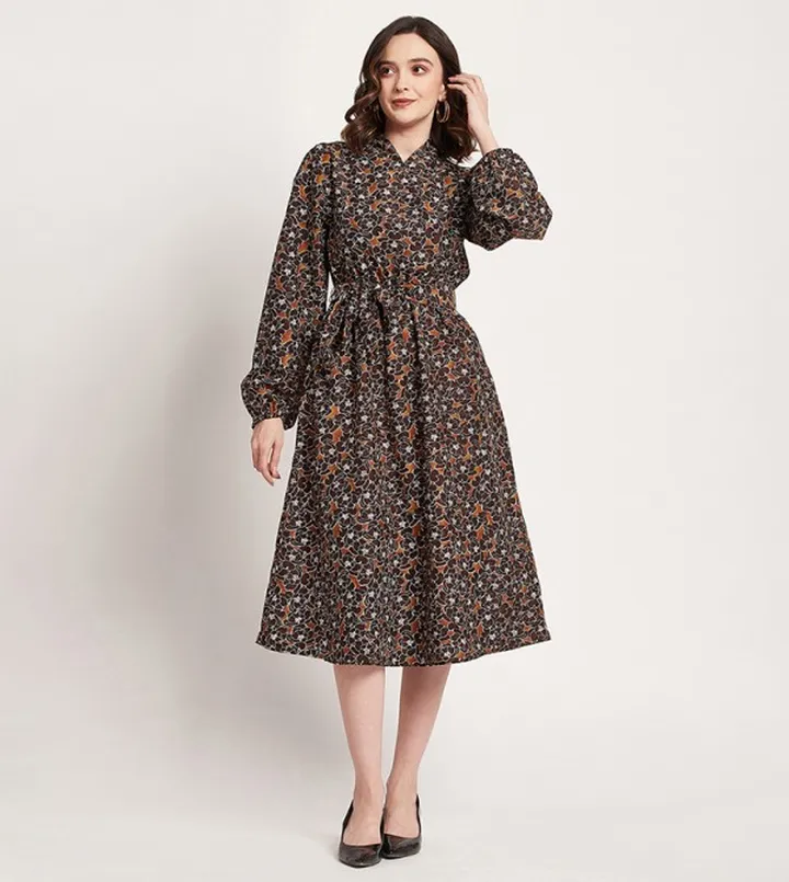 Floral Print Long Sleeves Midi Dress
