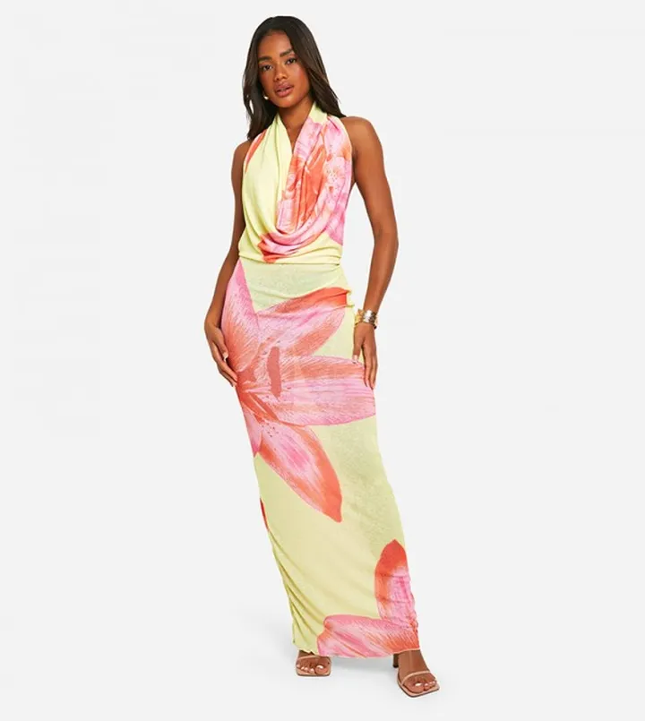 Sheer Cowl Neck Floral Maxi Dress