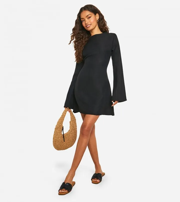 Linen Look Flared Sleeves Mini Dress