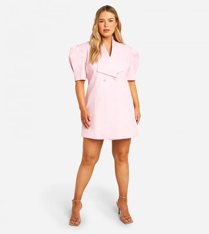 Plus Double Breasted Puff Sleeves Blazer Dress