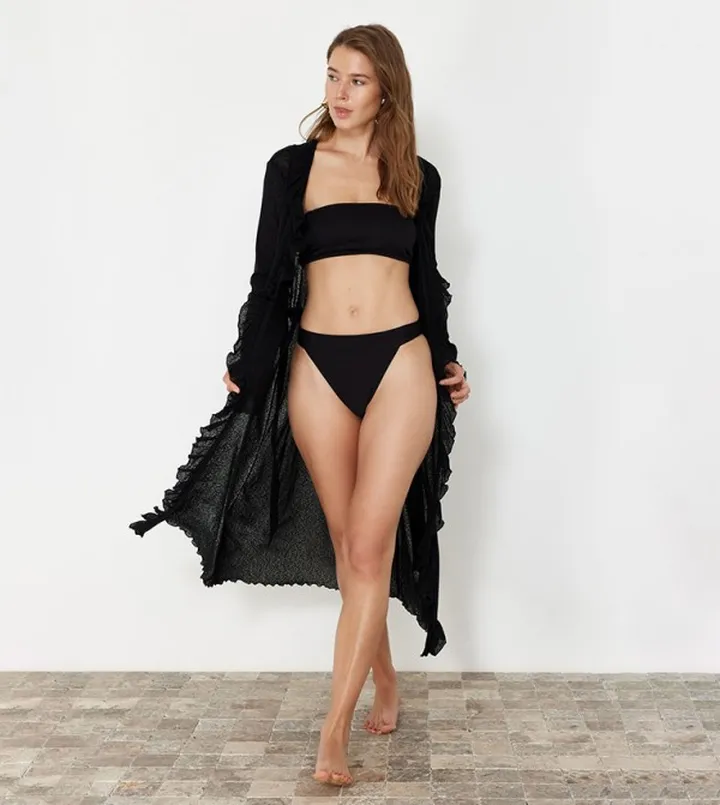 Ruffled Trim Long Sleeves Beach Kimono