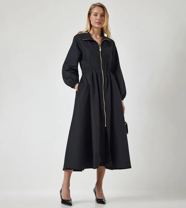 Zip Front Long Sleeves Dress Trench Coat