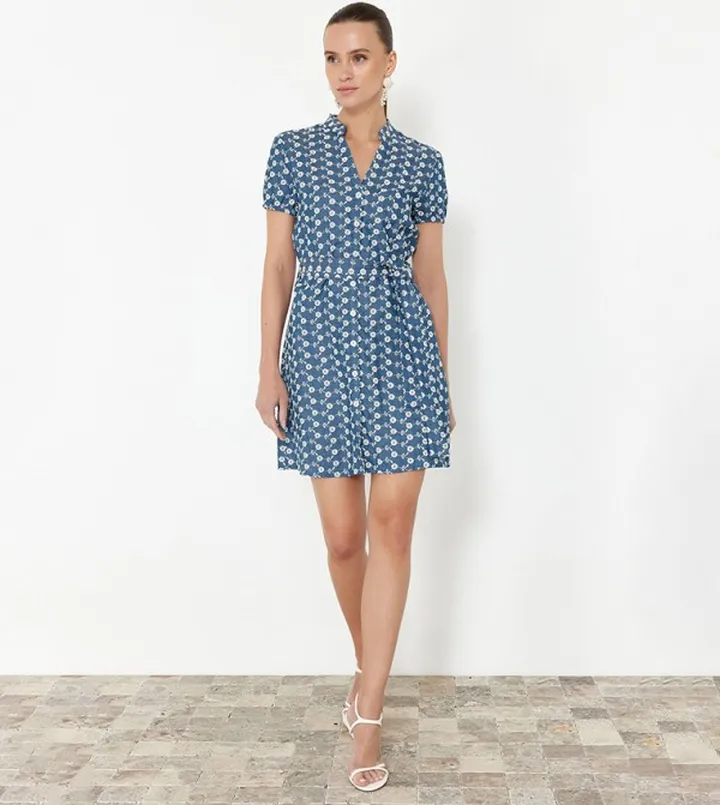 Belted Short Sleeves Shirt Mini Dress