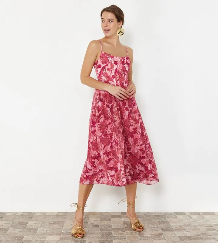Printed Strappy Midi Dress