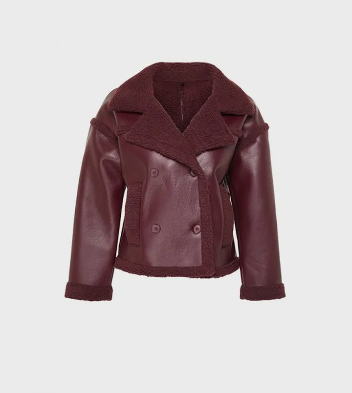 Faux Leather Plush Lined Coat