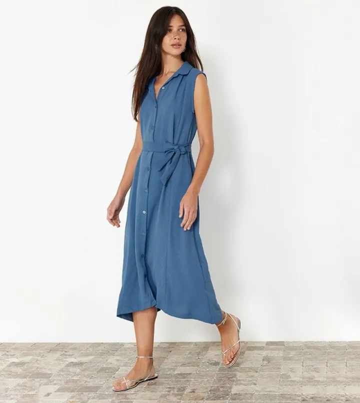 Solid Sleeveless Shirt Dress