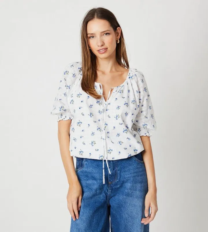 Floral Seersucker Shirred Hem Top