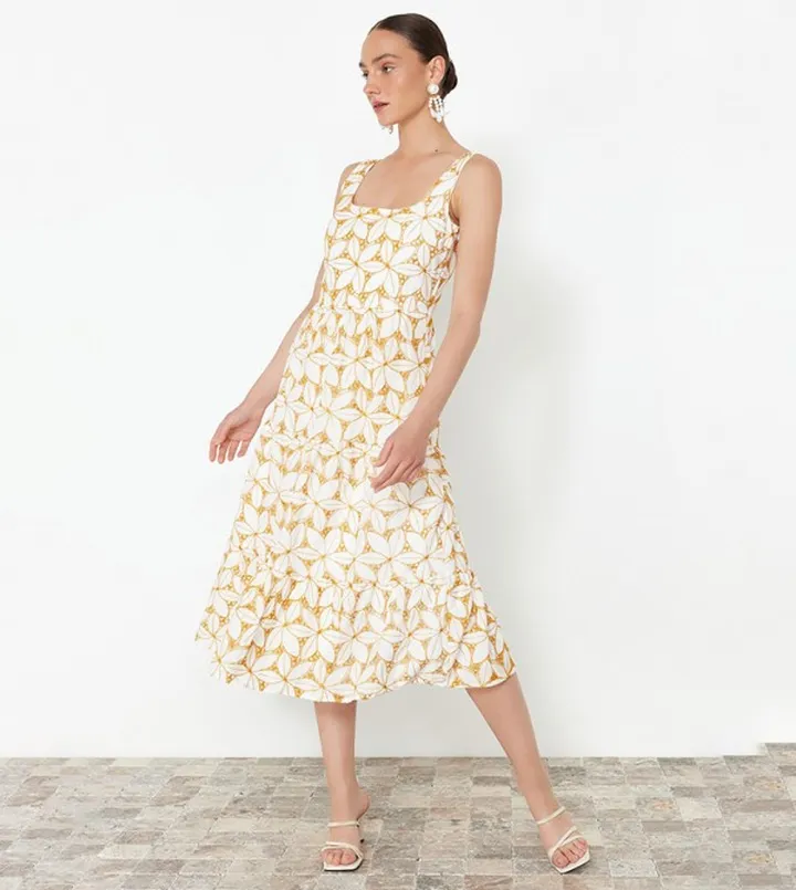 Embroidered Square Neck Midi Dress