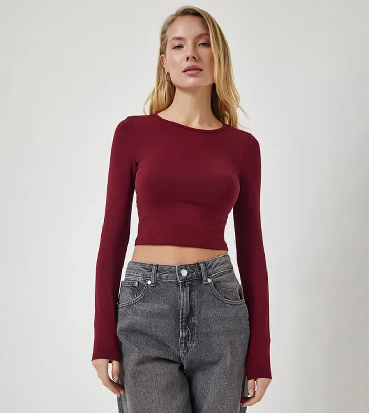 Solid Long Sleeves Crop Top