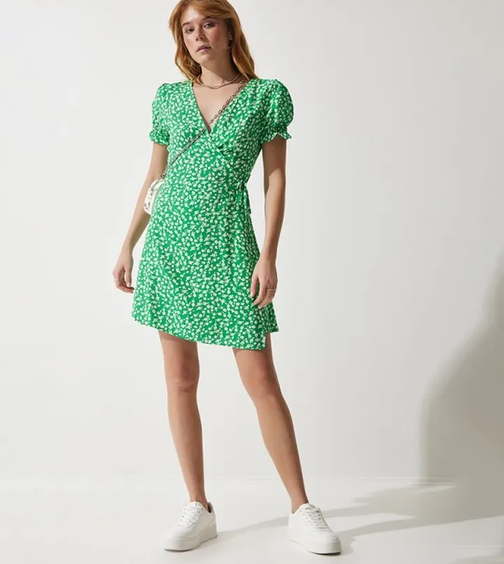 Patterned V-Neck Mini Dress