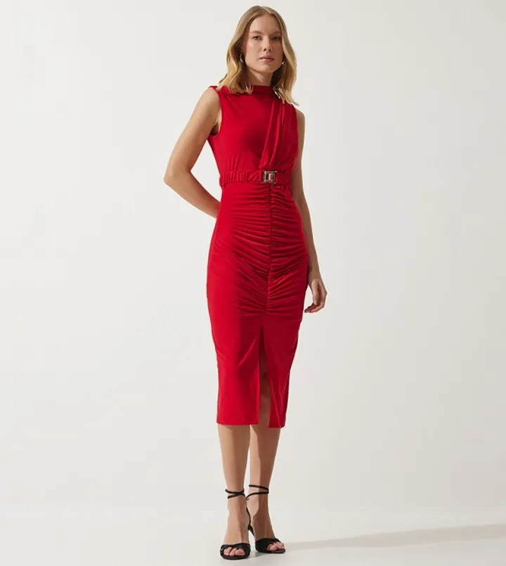 Belted Ruched Knitted Dress
