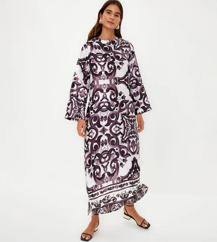 Patterned Long Sleeves Satin Maxi Dress