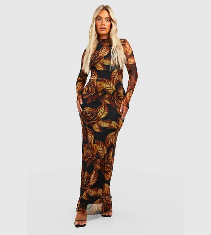 Floral Mesh Low Back Maxi Dress