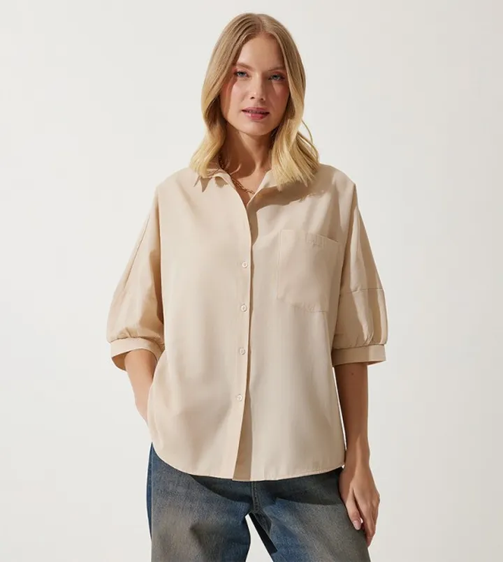 Solid Balloon Sleeves Shirt