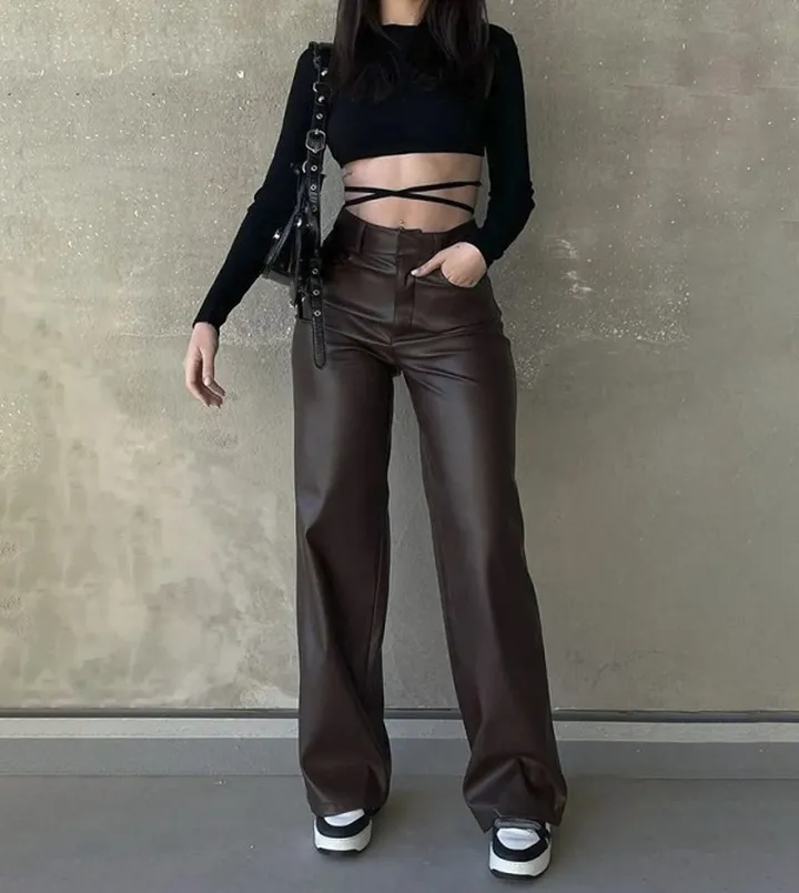 Solid Straight Fit Leather Trousers