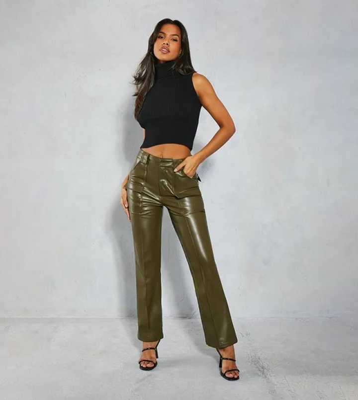 Leather Look Utility Cargo Straight Fit Trousers
