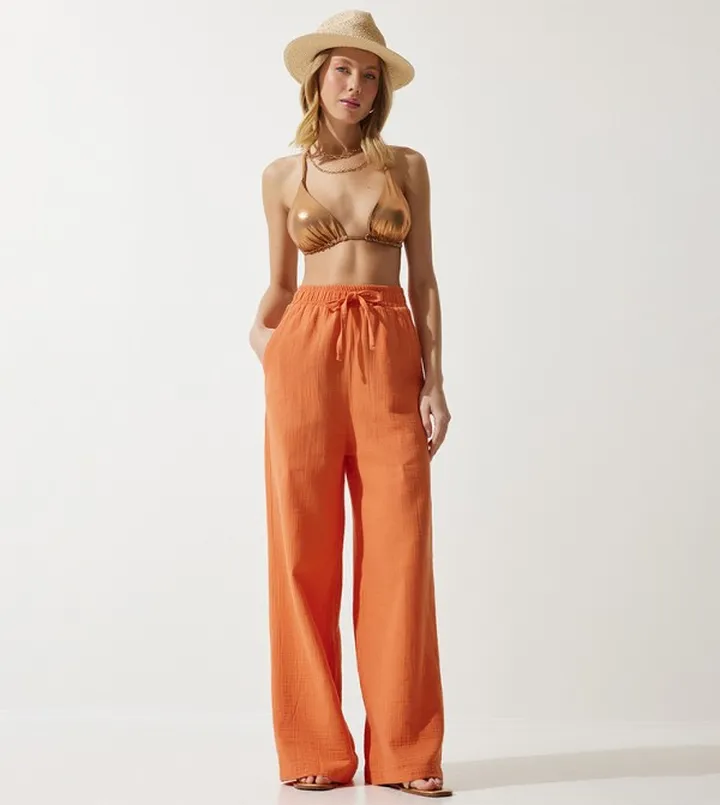 Drawstring Waist Muslin Palazzo Pants