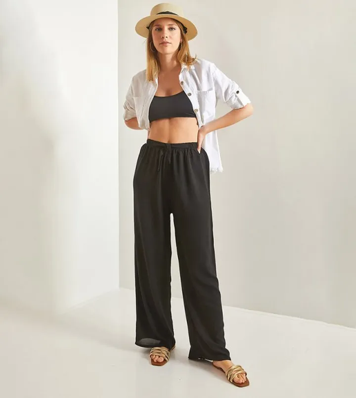 Drawstring Waist Wide Leg Viscose Trousers