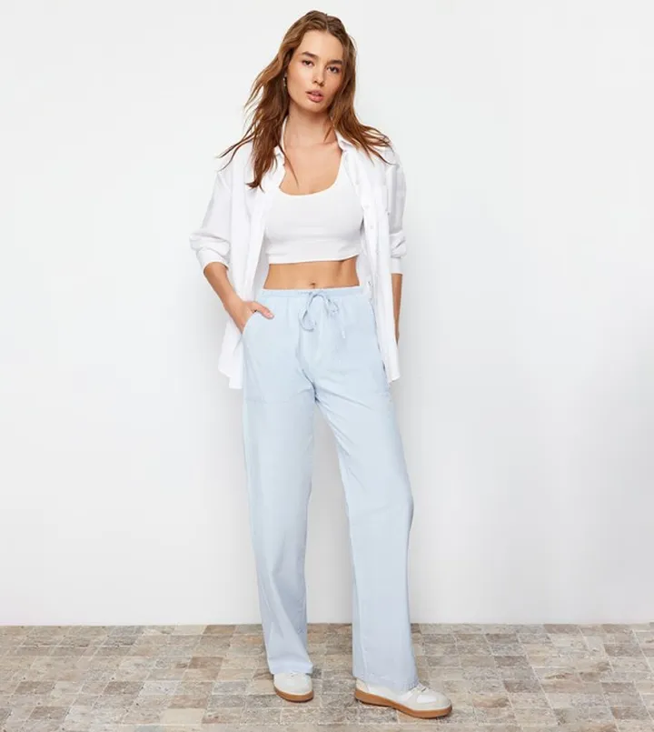 Solid Drawstring Waist High-Rise Pants