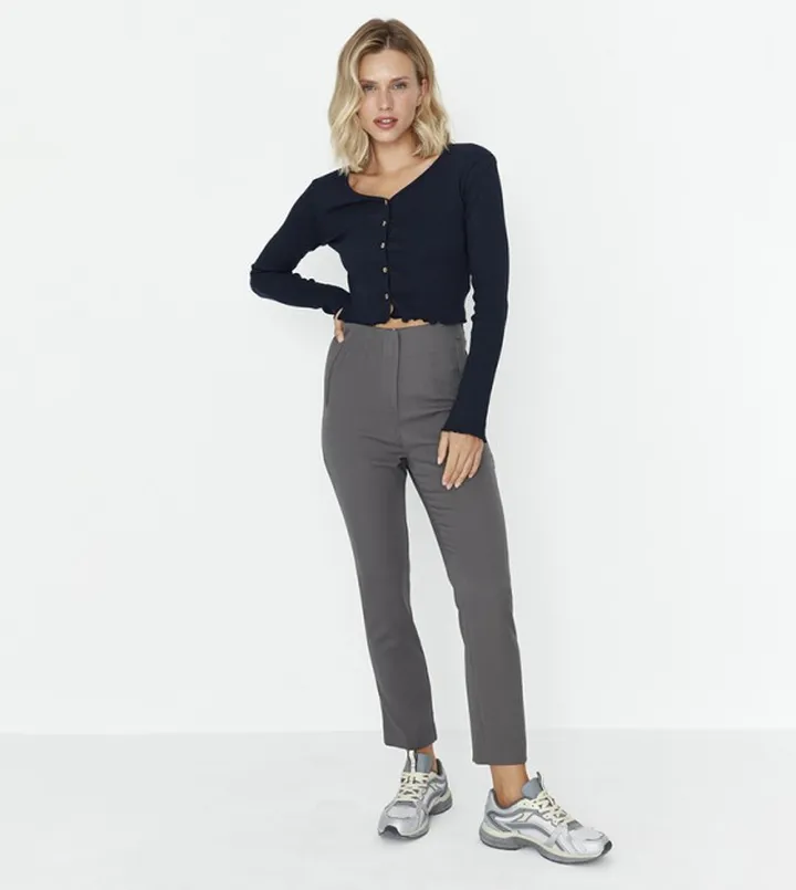 Solid High Waist Ankle Length Trousers