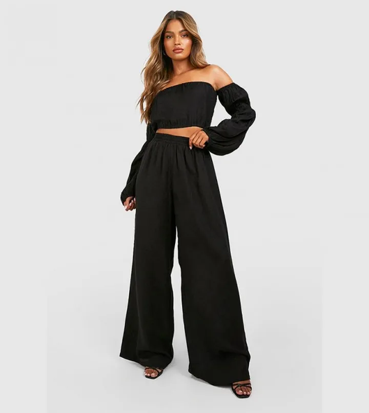 Linen Bardot Voluminous Sleeves Crop And Wide Leg Trousers