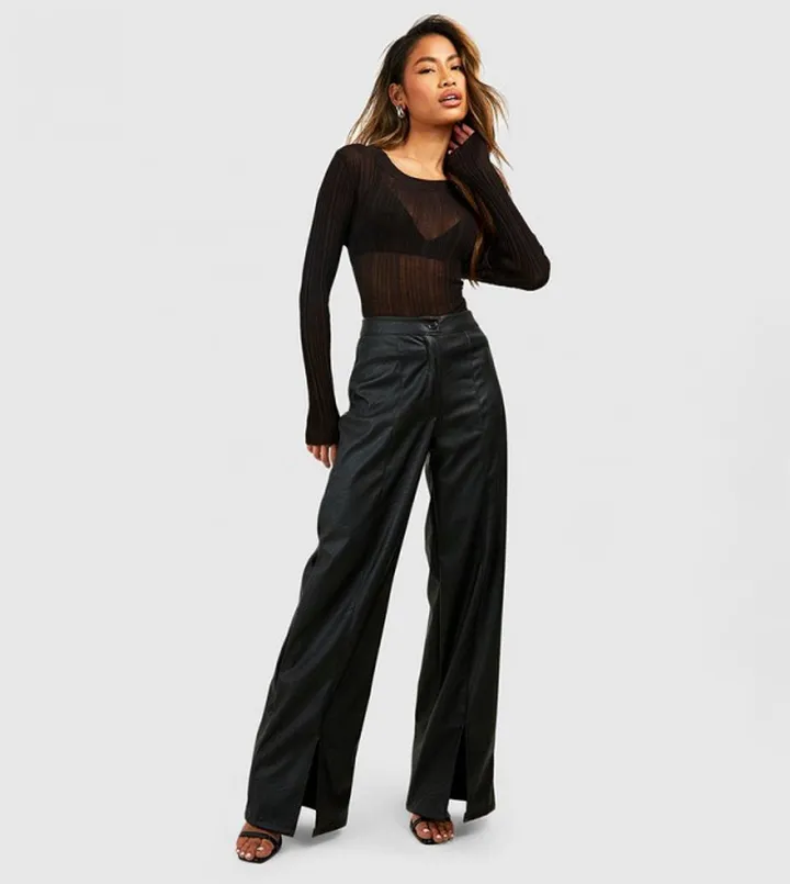 Leather Look Split Hem Straight Fit Trousers