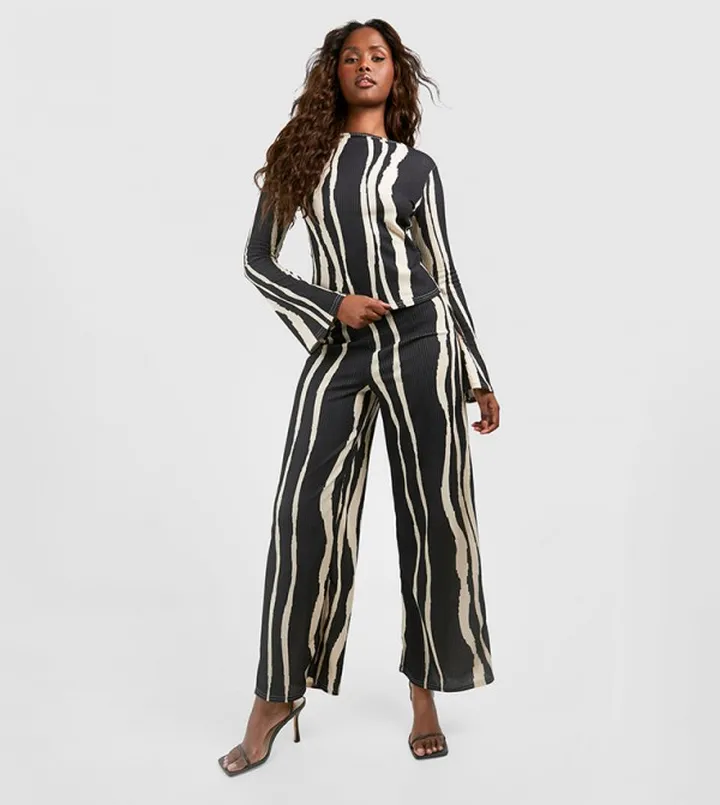 Textured Striped Wide Leg Trousers