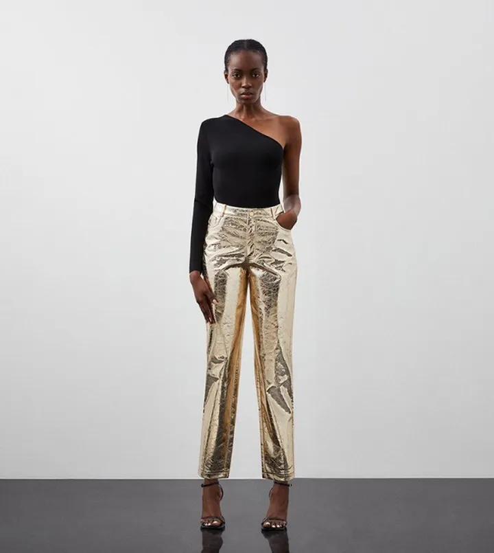 Metallic Faux Leather Straight Trousers