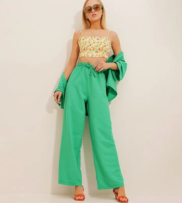 Drawstring Waist Wide Leg Trousers