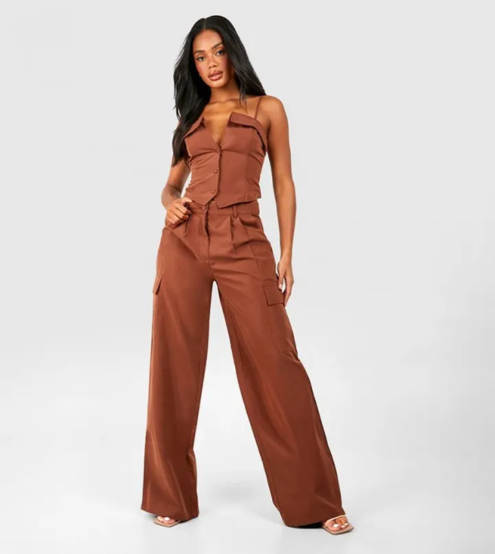 Solid Wide Leg Cargo Trousers