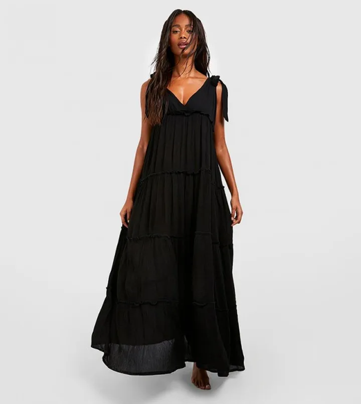 Cheesecloth Tie Shoulder Maxi Beach Dress