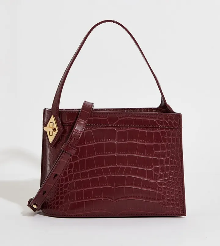 Croc Textured Metallic Accent Top Handle Bag